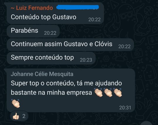 Print de mensagens elogiando o conteúdo e relatando aplicação do conhecimento na empresa.