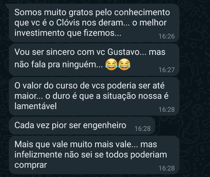 Print de conversa sobre gratidão pelo conhecimento e percepção de valor do investimento no curso.