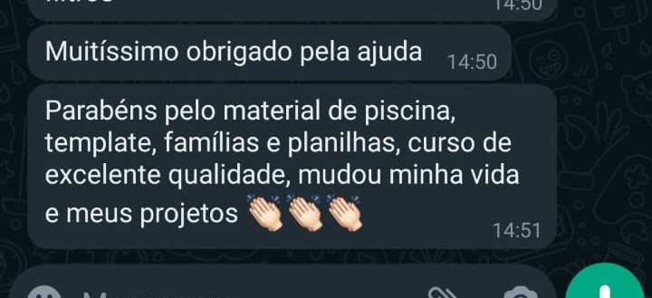 Print de conversa com agradecimento pelo material de piscina, template, famílias e planilhas.