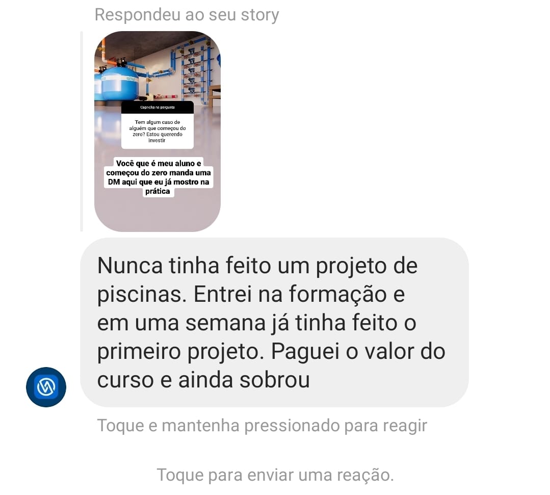 Print de resposta a story: aluno relata primeiro projeto em uma semana após entrar na formação.