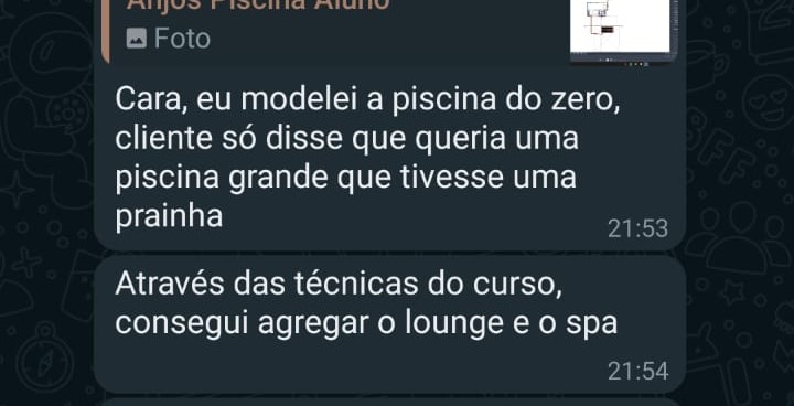 Print de mensagens sobre piscina modelada do zero com lounge e spa usando técnicas do curso.
