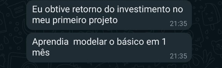 Print de mensagens sobre retorno do investimento no primeiro projeto e aprendizado de modelagem.