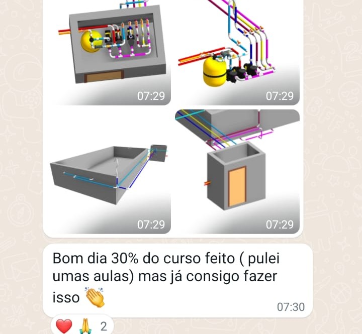 Print com modelagens de casa de máquinas e piscina feitas pelo aluno durante o curso.