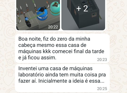 Print de mensagens sobre casa de máquinas modelada do zero pelo aluno.