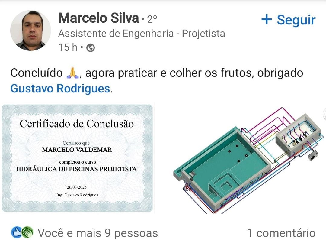 Publicação de aluno com certificado de conclusão do curso e projeto de piscina desenvolvido.