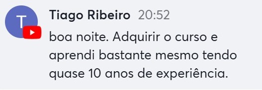 Print de comentário de aluno com quase 10 anos de experiência dizendo ter aprendido bastante.